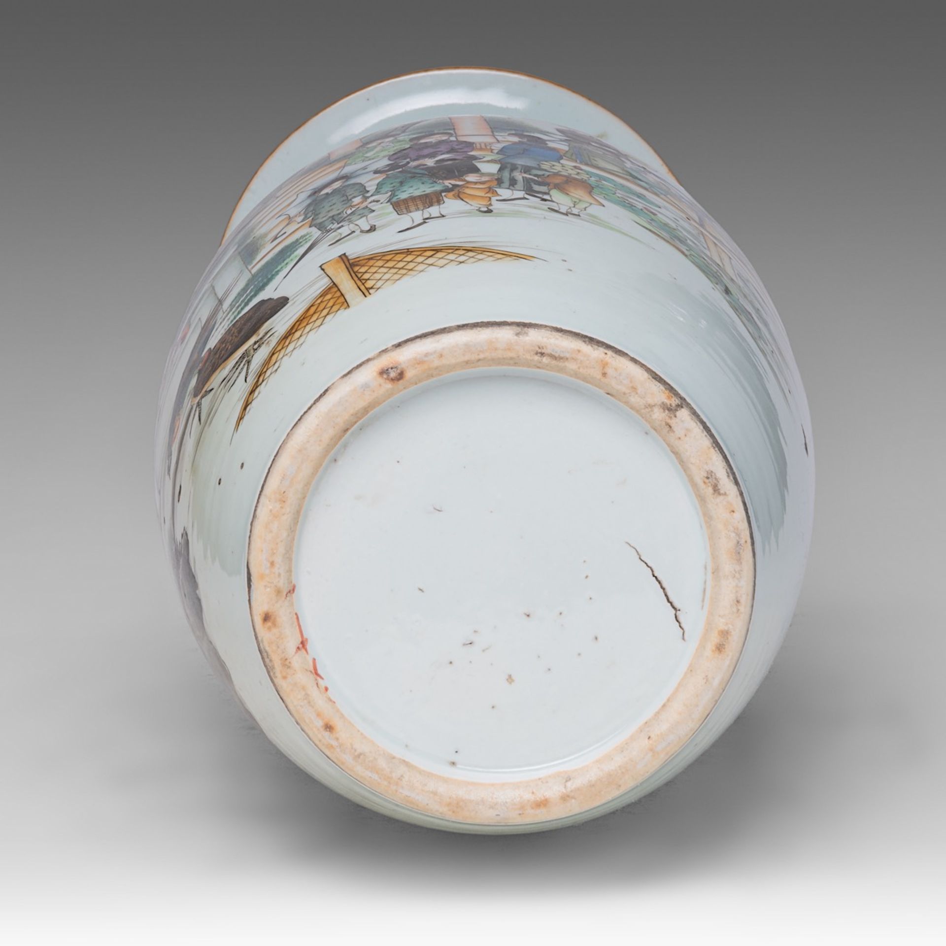 A Chinese famille rose 'Townsmen in the Park' vase, signed texts, paired with lingzhi handles, Repub - Image 6 of 6