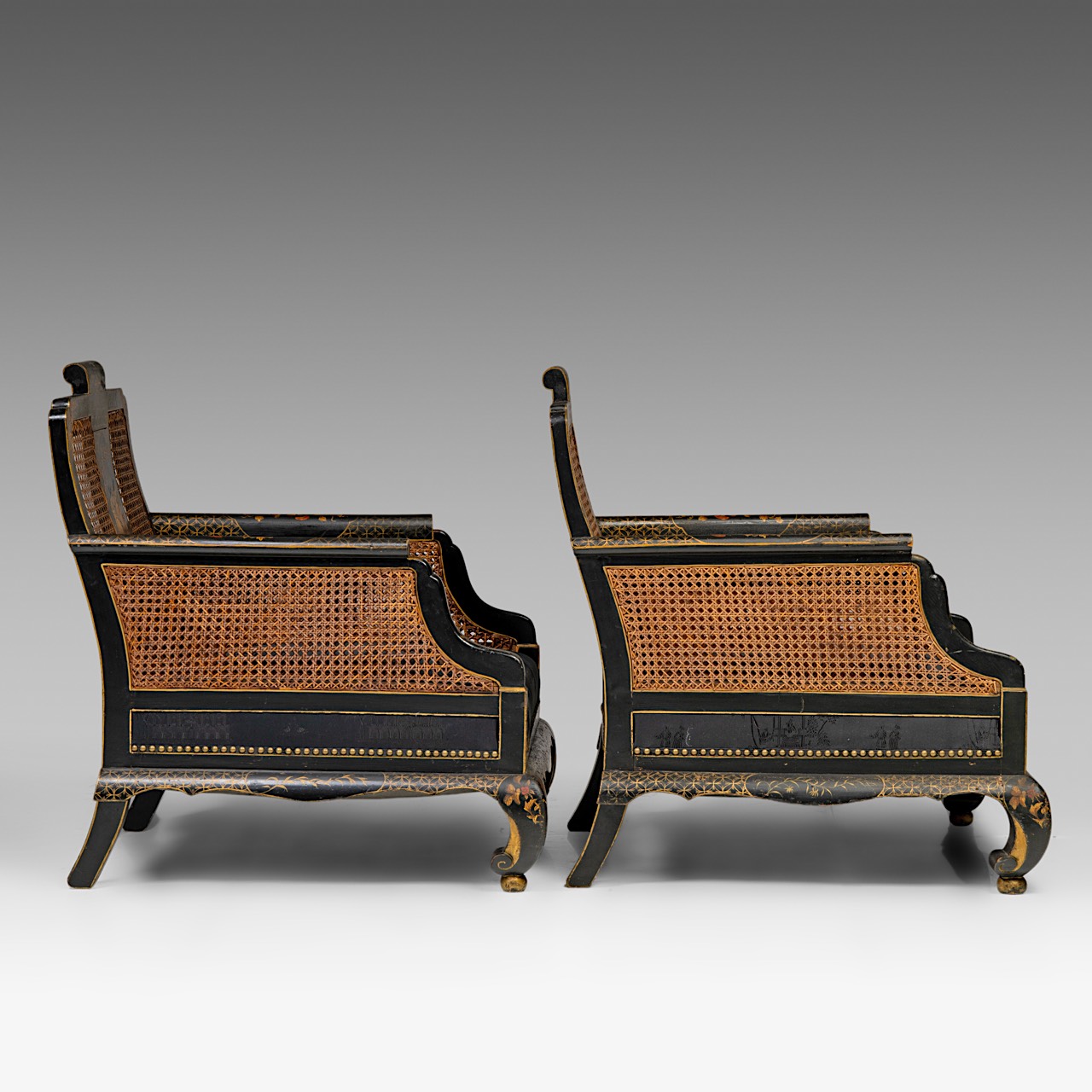 Two sets of handpainted Japonisme armchairs, with wicker panels, signed, H total 84 cm - H seat 36 c - Image 4 of 12