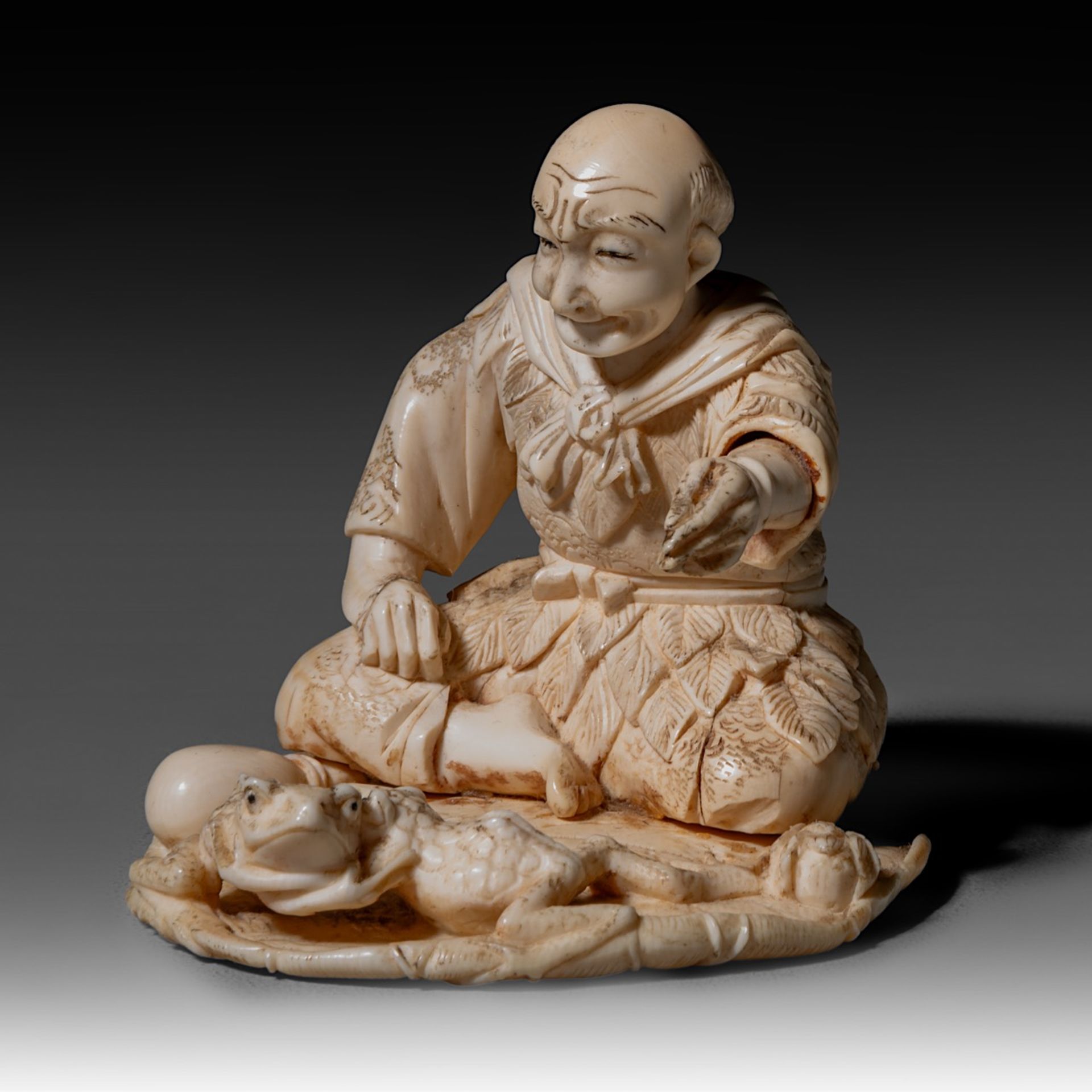 Two Japanese Meiji-period (1868-1912) ivory okimono; one depicts a man rowing a raft while a child s - Image 13 of 19