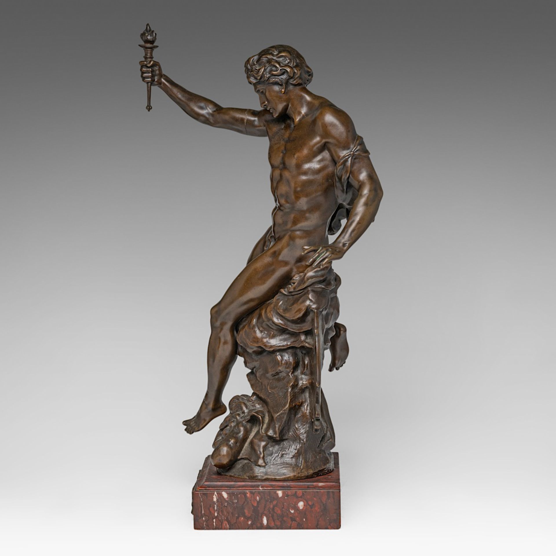 Emile Louis Picault (1833-1915), 'Excelsior', patinated bronze, H 61 cm - Image 3 of 8