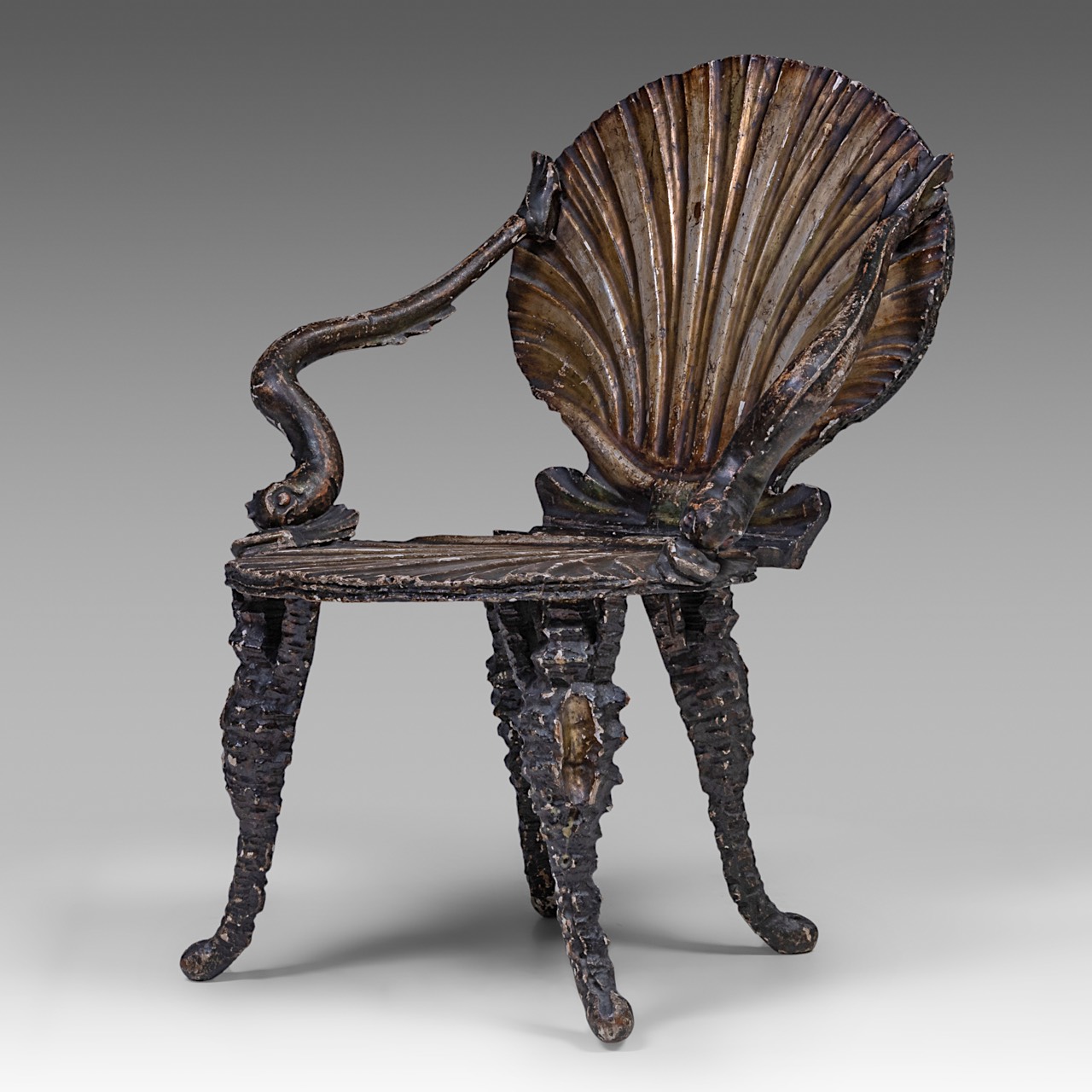 A Venetian 'Grotto' chair, patinated carved wood and stucco, 19thC, H total 84 cm - H seat 40,5 cm - - Image 2 of 8