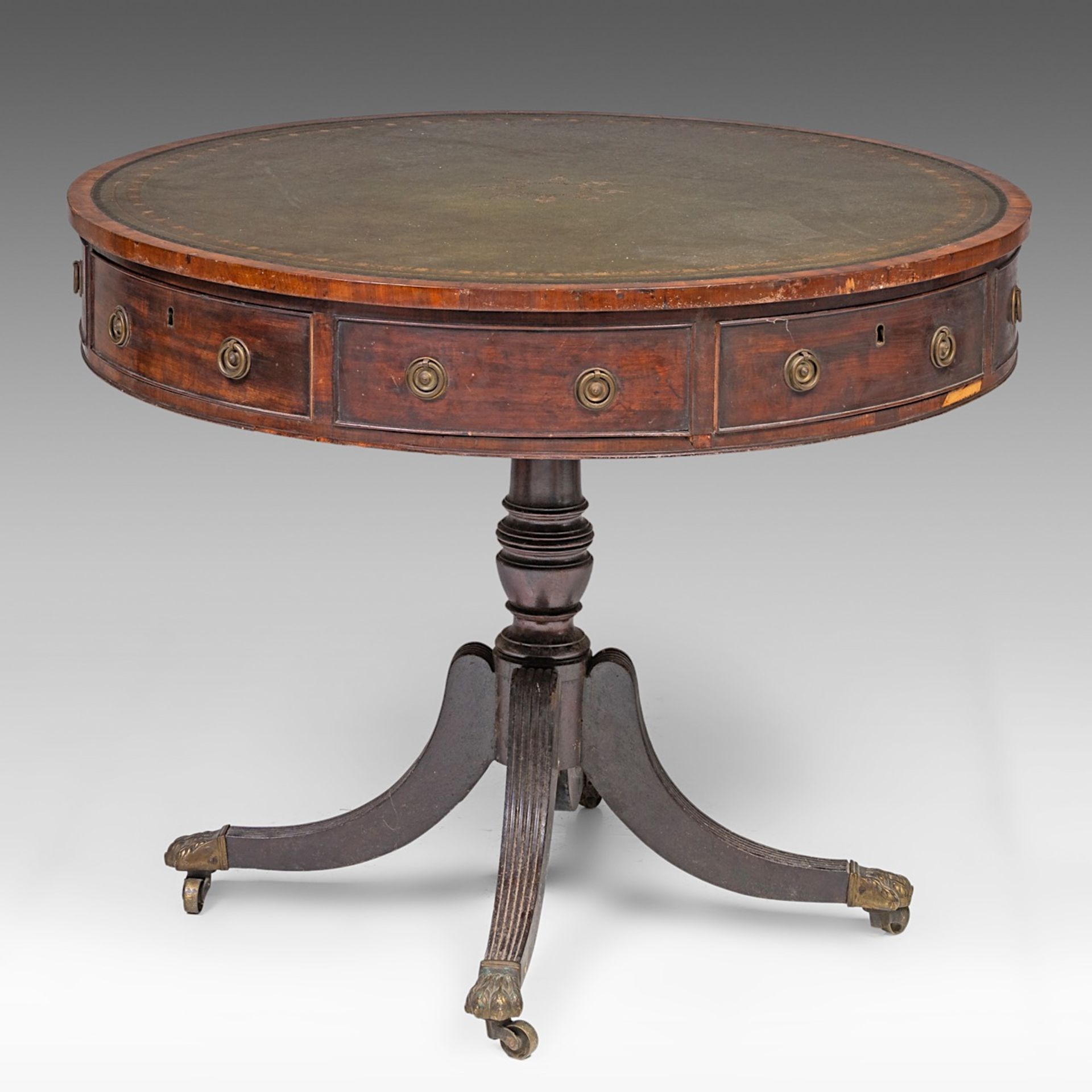 An English revolving drum table, marked with a crowned WR, ca. 1800, H 74 cm - dia 91 cm - Image 5 of 9