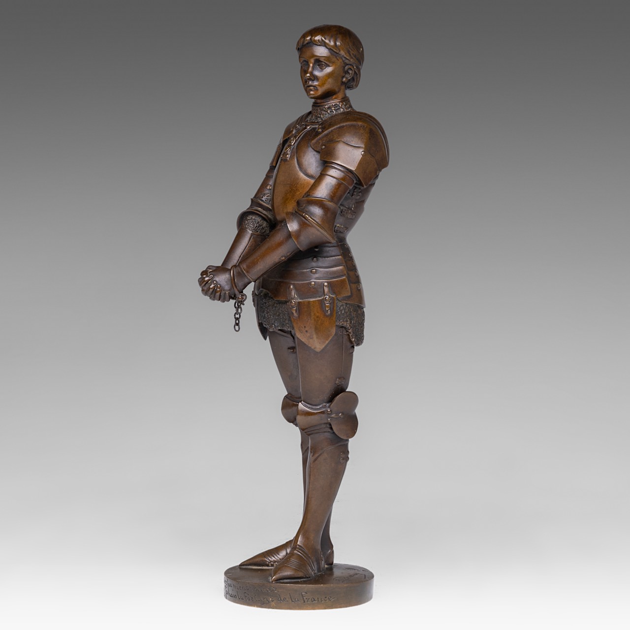 Louis Ernest Barrias (1841-1905), Jeanne d'Arc, patinated bronze, Susse Freres edition, H 31 cm - Image 3 of 11