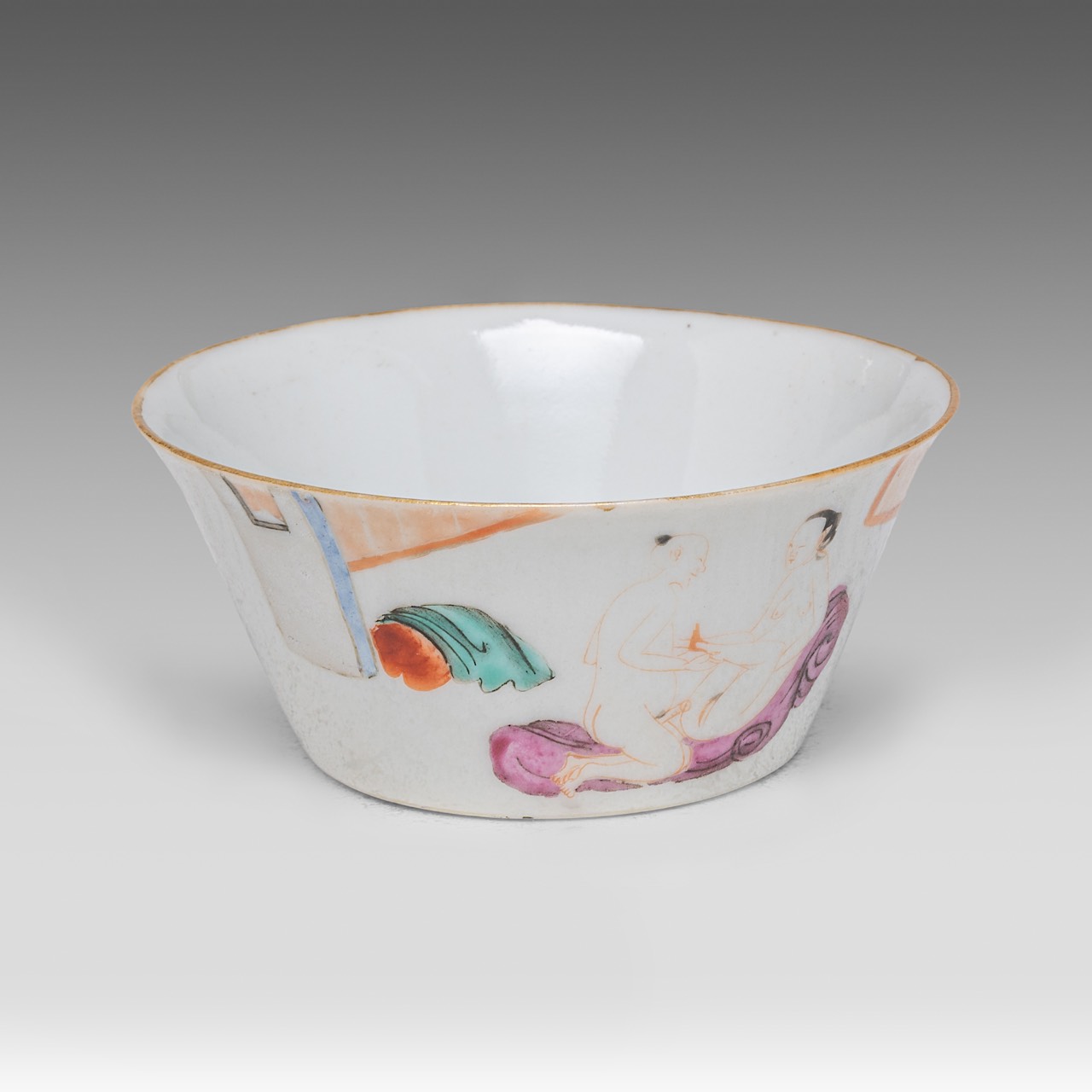 A rare Chinese famille rose 'Erotic Scene and Red Dates' cup, Xianfeng/Tongzhi period/ late 19thC, H - Image 2 of 8