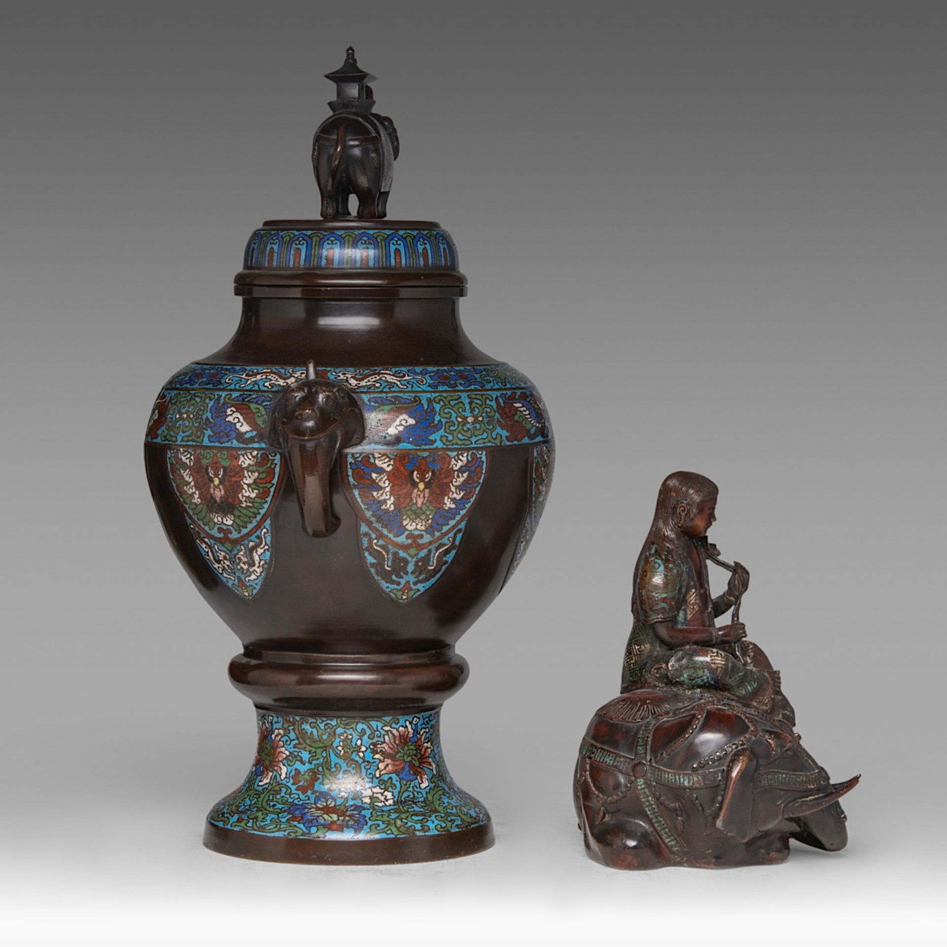 A Japanese champleve enamelled bronze censer and a ditto figure of Kannon seated on an elephant, lat - Image 4 of 8