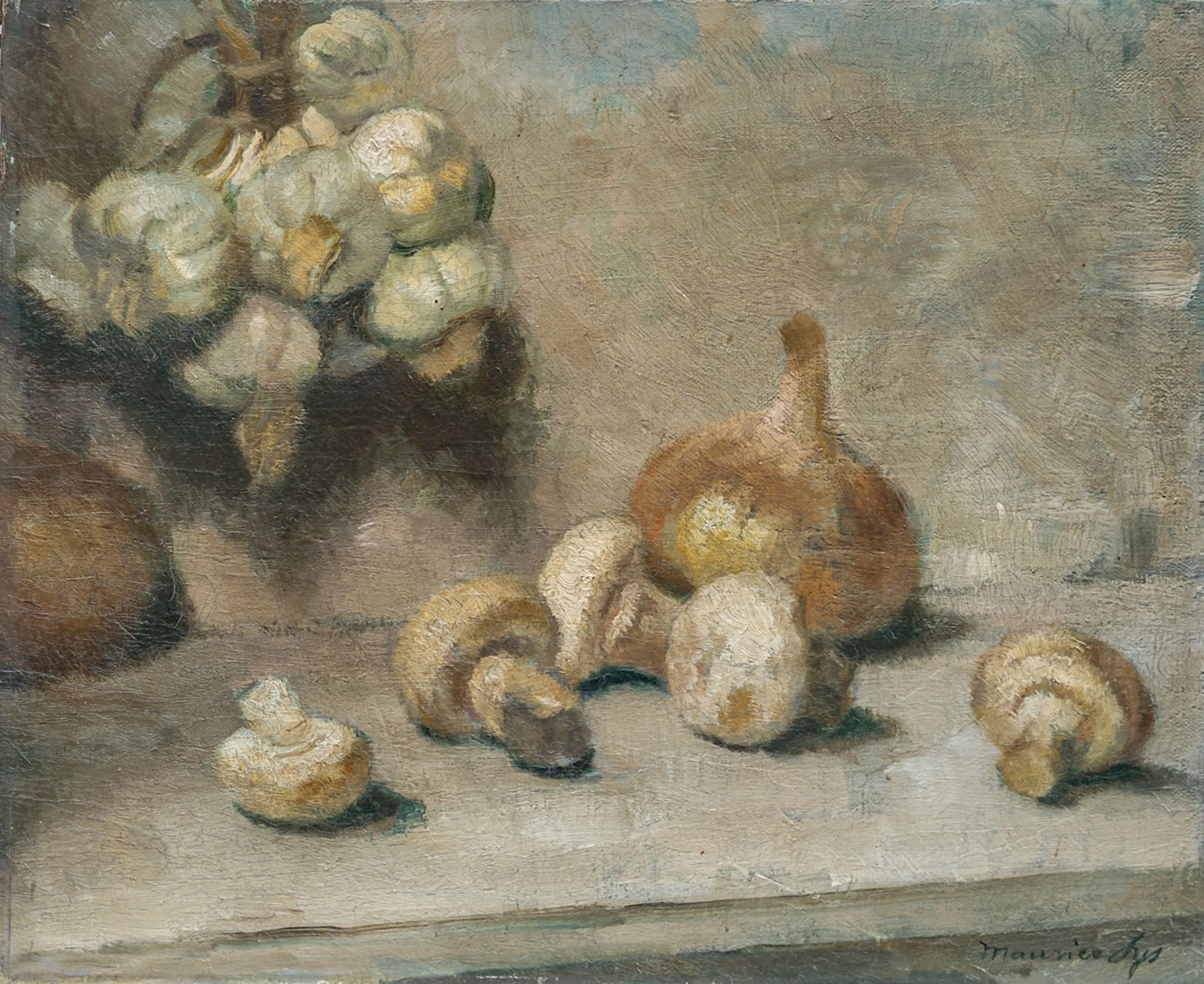 Maurice Sijs (1880-1972), still life with garlic, mushrooms and an onion, oil on canvas 36 x 43 cm.