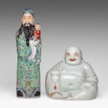 A Chinese famille rose enamelled biscuit figure of a smiling Budai and Fu Xing, one with an impresse