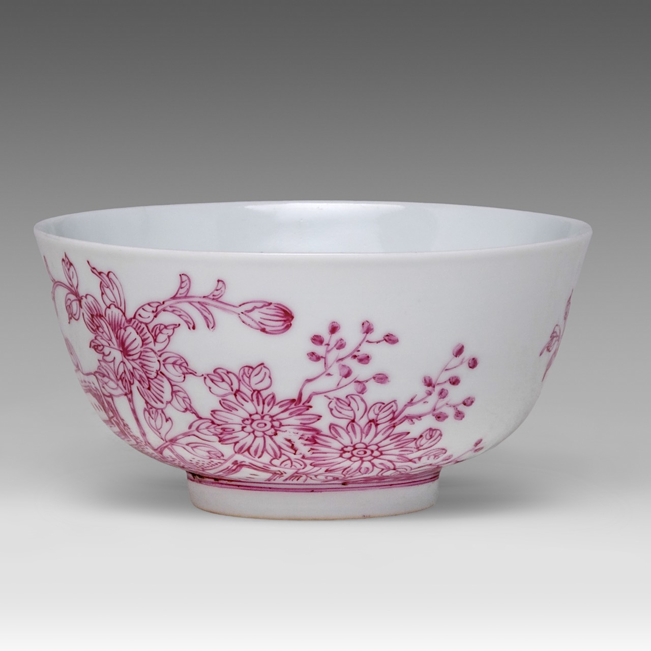 Two Chinese bowls enamelled in puce, 'Fruiting Pomegranate' and 'Magpies and Peonies', Guangxu mark - Image 3 of 13