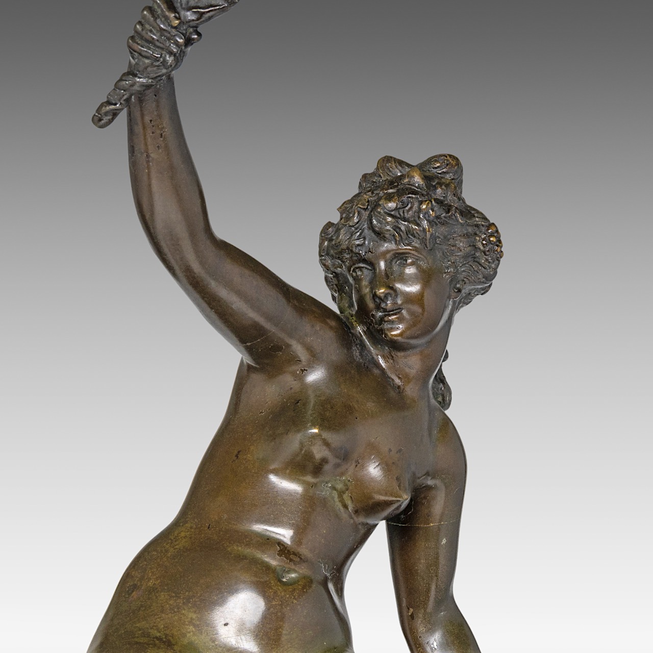 Clodion (1738-1814), Satyr and Nymph, patinated bronze on a marble base with gilt bronze mounts, H 6 - Image 7 of 8