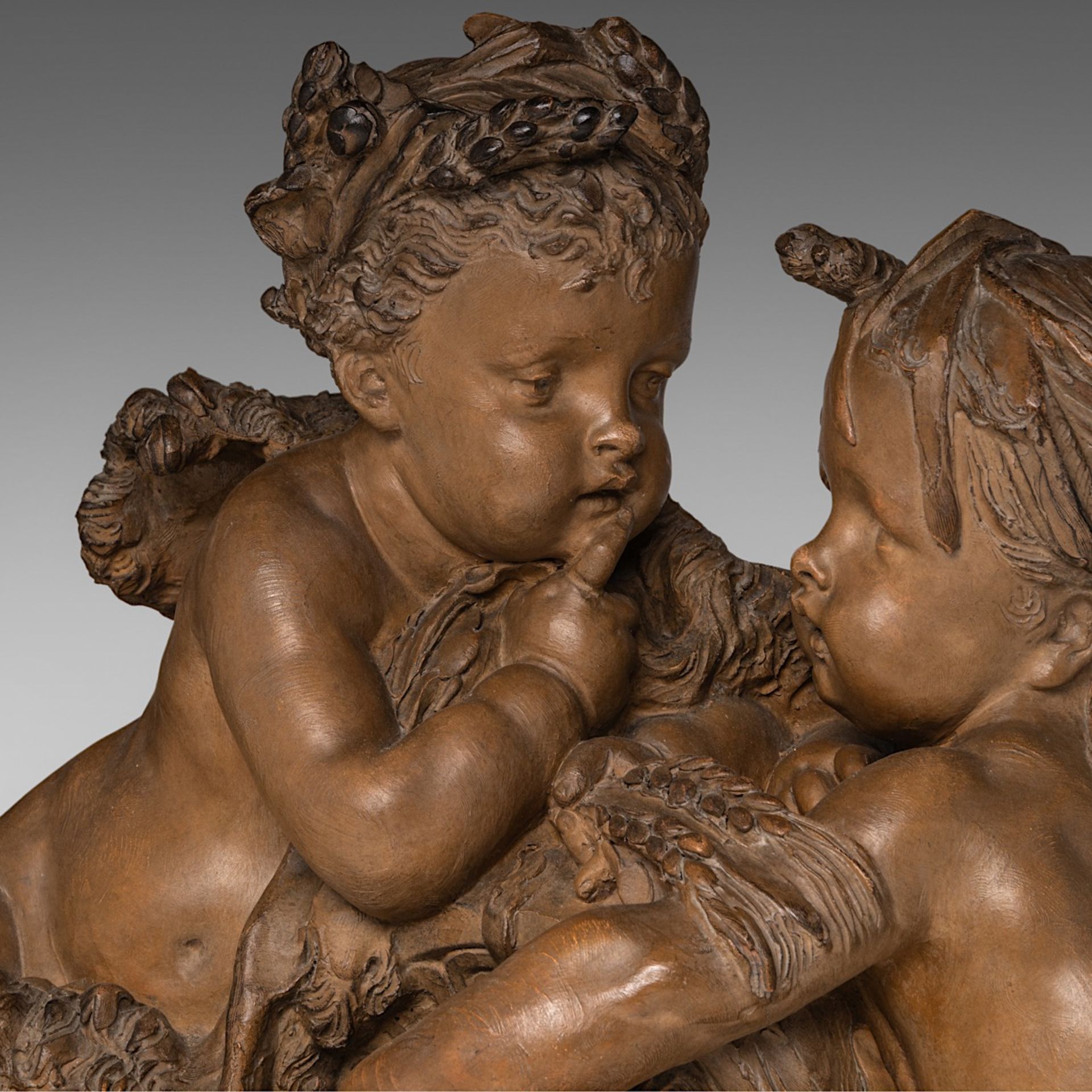 Carrier-Belleuse (1824-1887), two putti by the fountain, terracotta on a marble base, H 43 - W 68 cm - Image 9 of 10