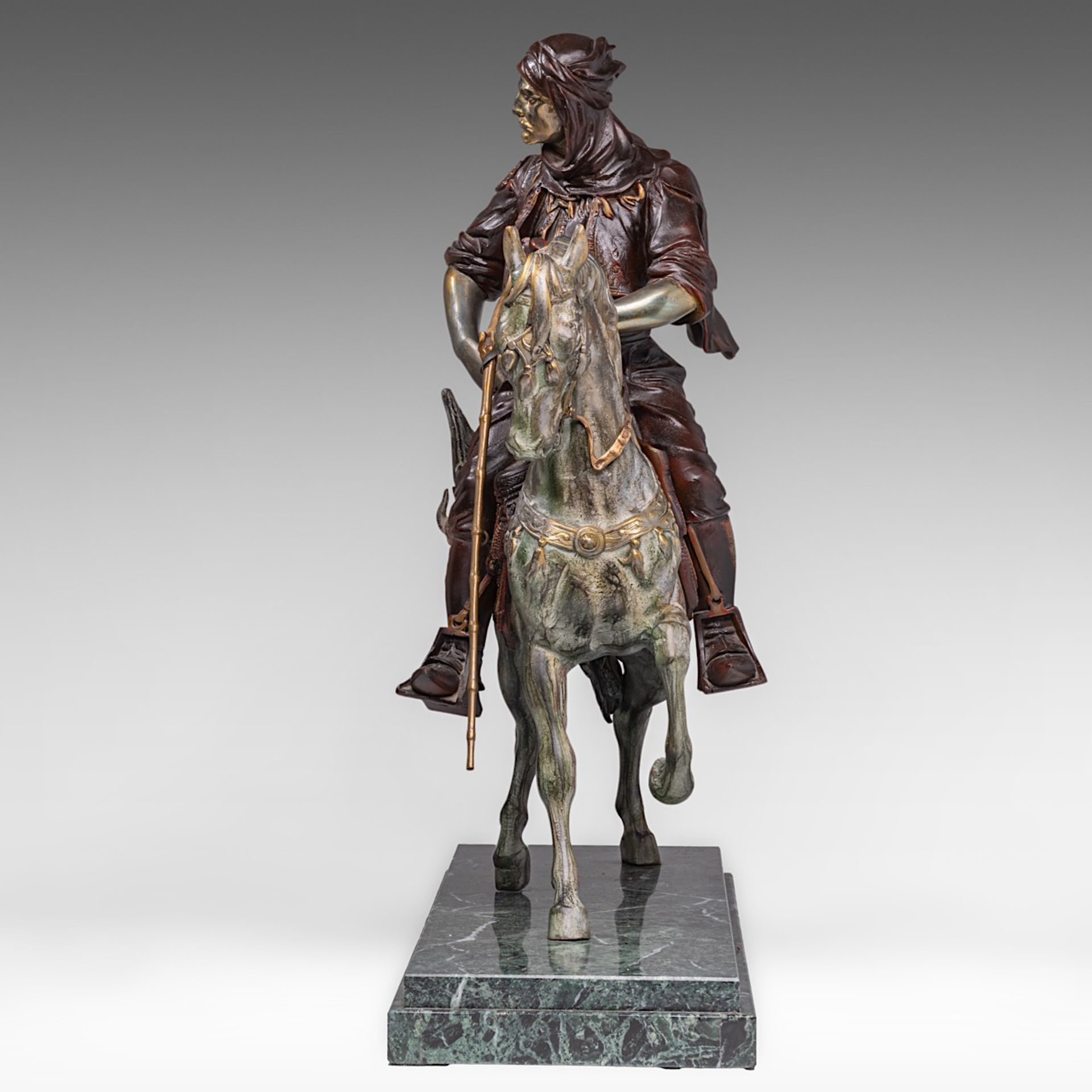 Attrib. to Alfred Barye (1839-1882), Arab horseman, patinated spelter on a vert de mer marble base, - Image 3 of 10