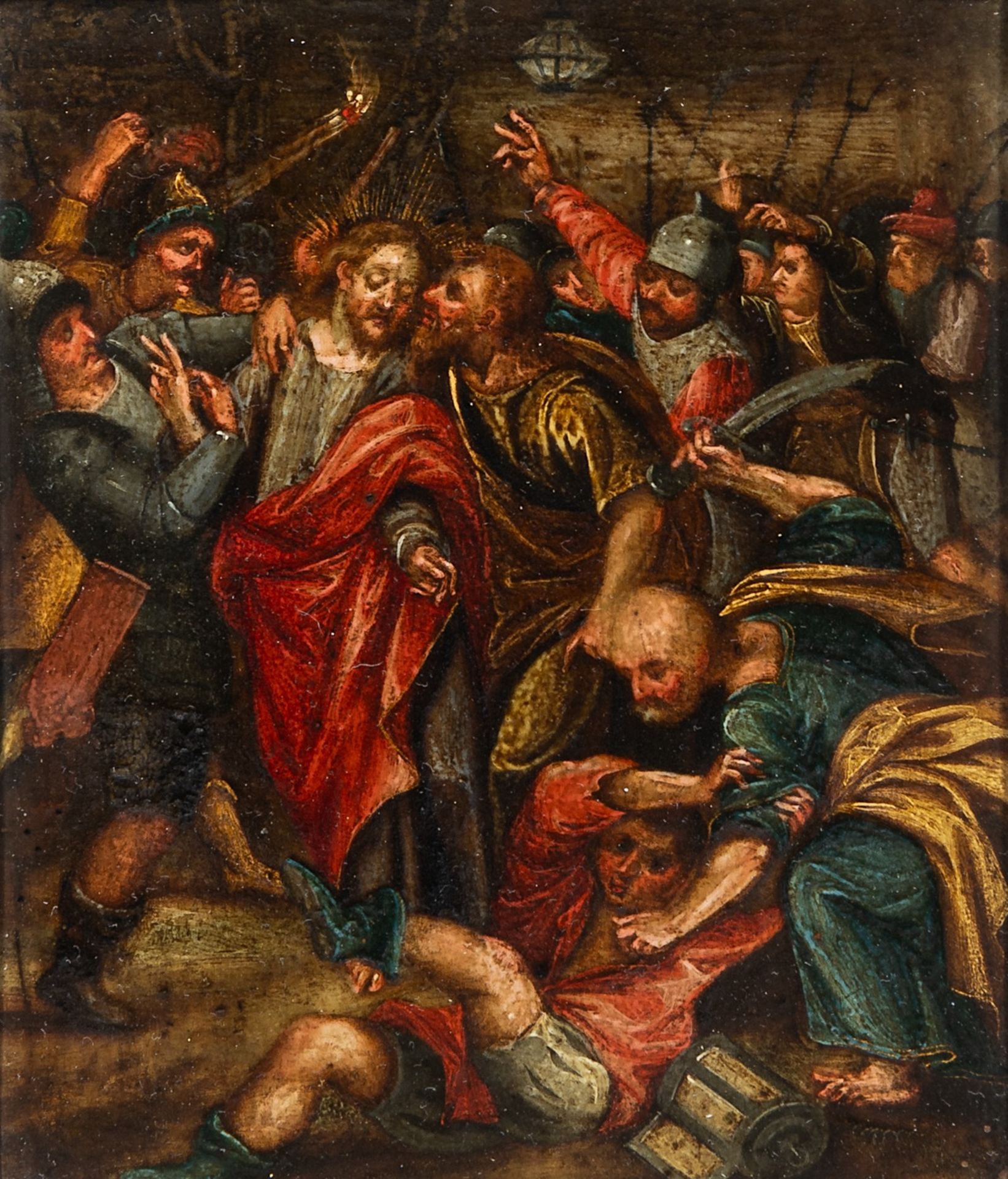 The Arrest of Christ, 17thC, Flemish School, oil on copper 16 x 13 cm. (6.3 x 5.1 in.), Frame: 26 x