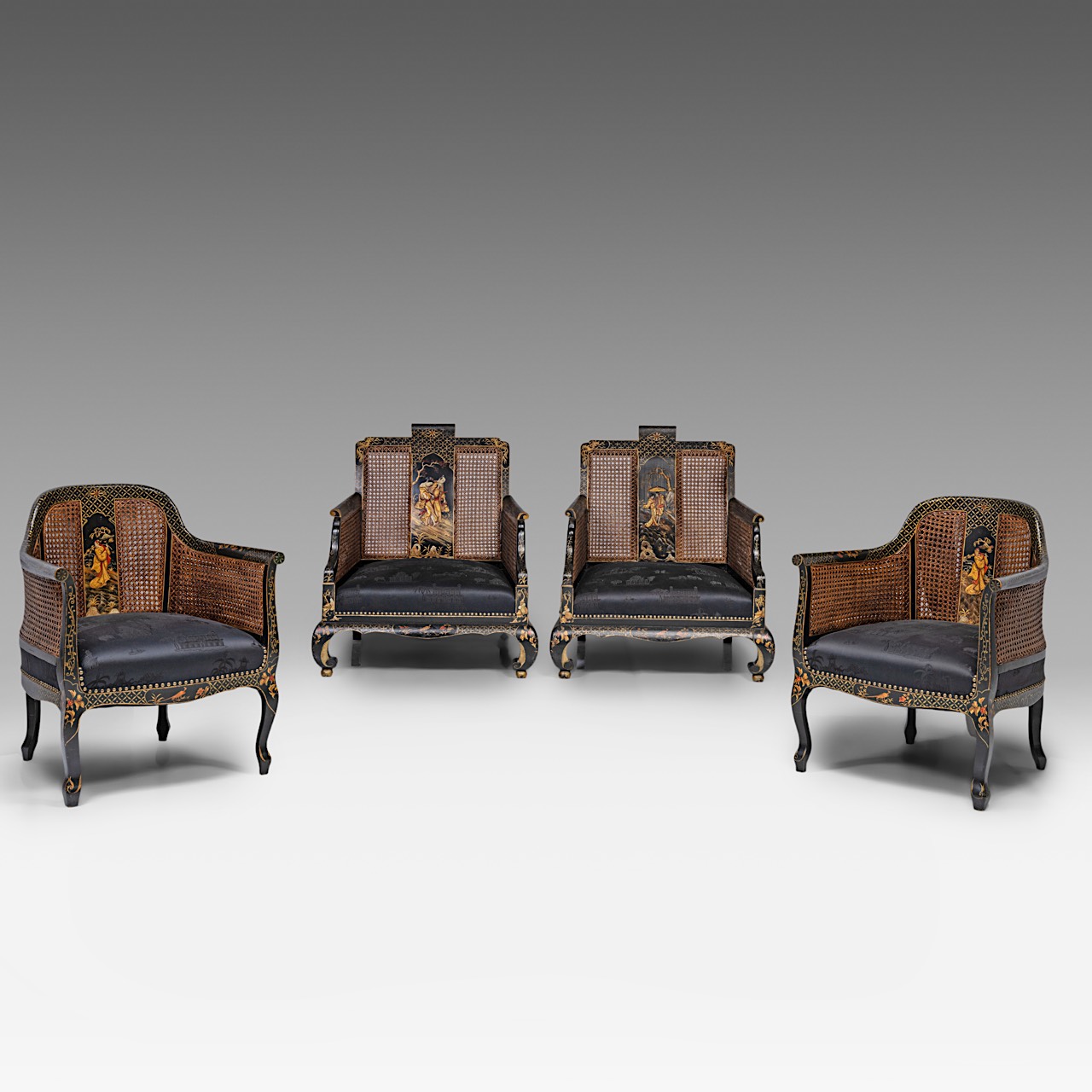 Two sets of handpainted Japonisme armchairs, with wicker panels, signed, H total 84 cm - H seat 36 c