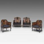 Two sets of handpainted Japonisme armchairs, with wicker panels, signed, H total 84 cm - H seat 36 c