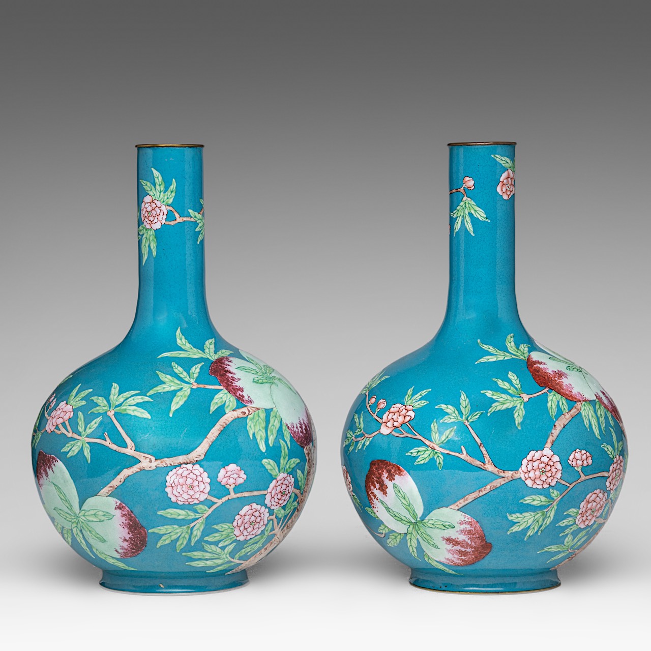 A fine pair of Chinese turquoise ground Canton enamel on copper 'Nine Peaches' bottle vases, late Qi - Image 4 of 6