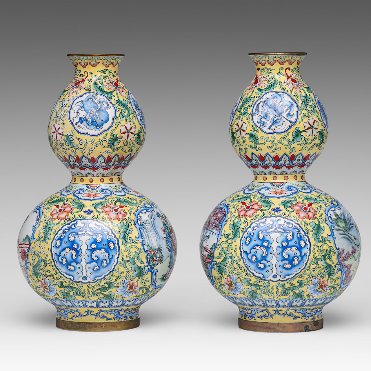 A small collection of two Chinese cloisonne narcissus planters and a pair of Canton enamelled double - Image 5 of 10