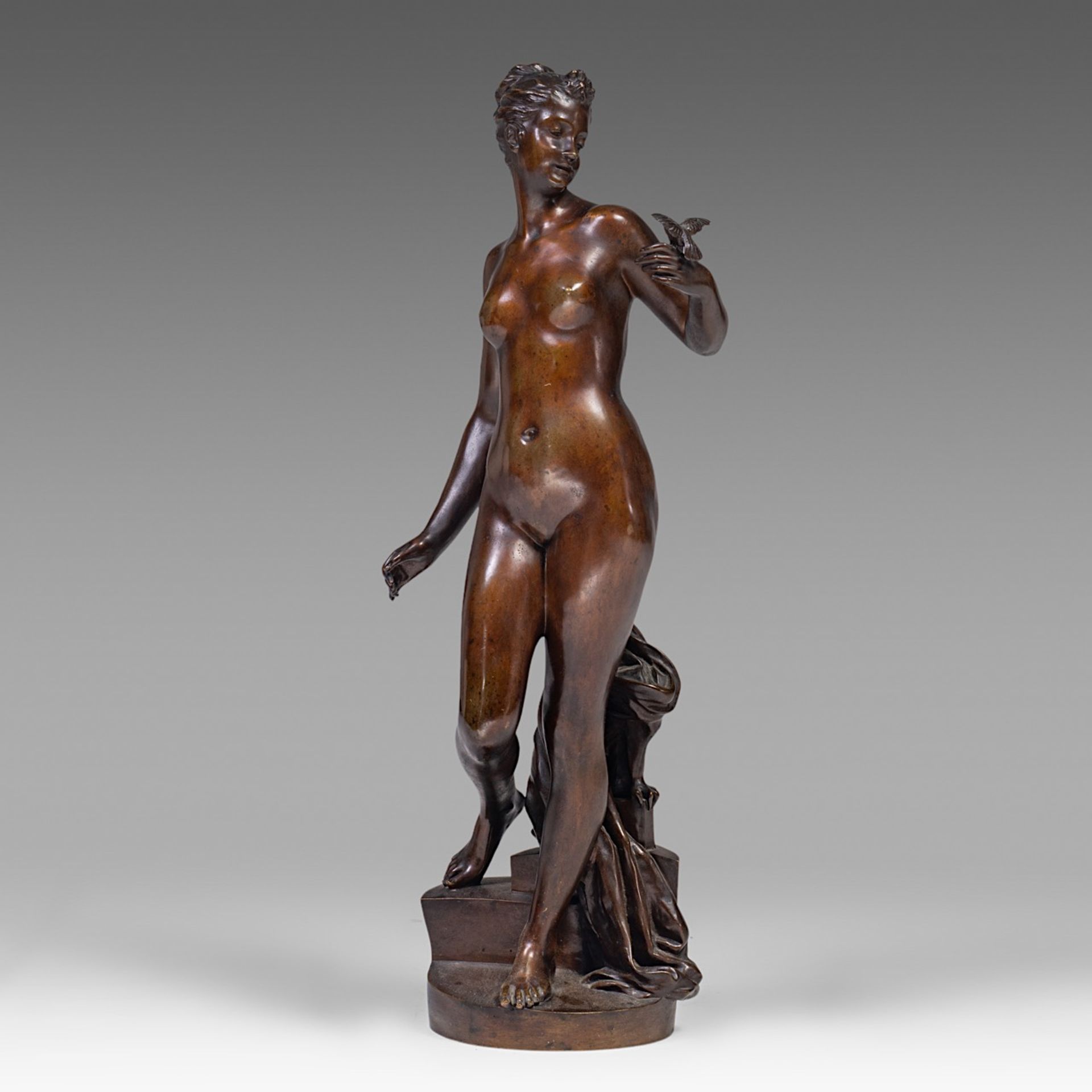 Signed 'Telemaque', Venus with bird, patinated bronze, H 75 cm