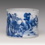 A Chinese blue and white 'Mountainous River Landscape' brush pot, H 16 - dia 20 cm