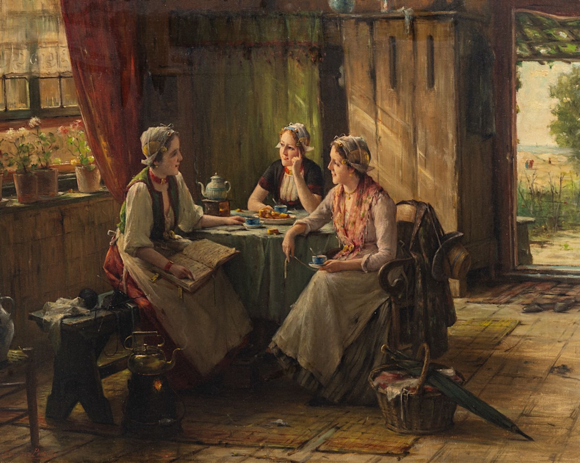 Edward Portielje (1861-1949), chatting maids over a cup of tea, oil on canvas 51 x 64 cm. (20.0 x 25
