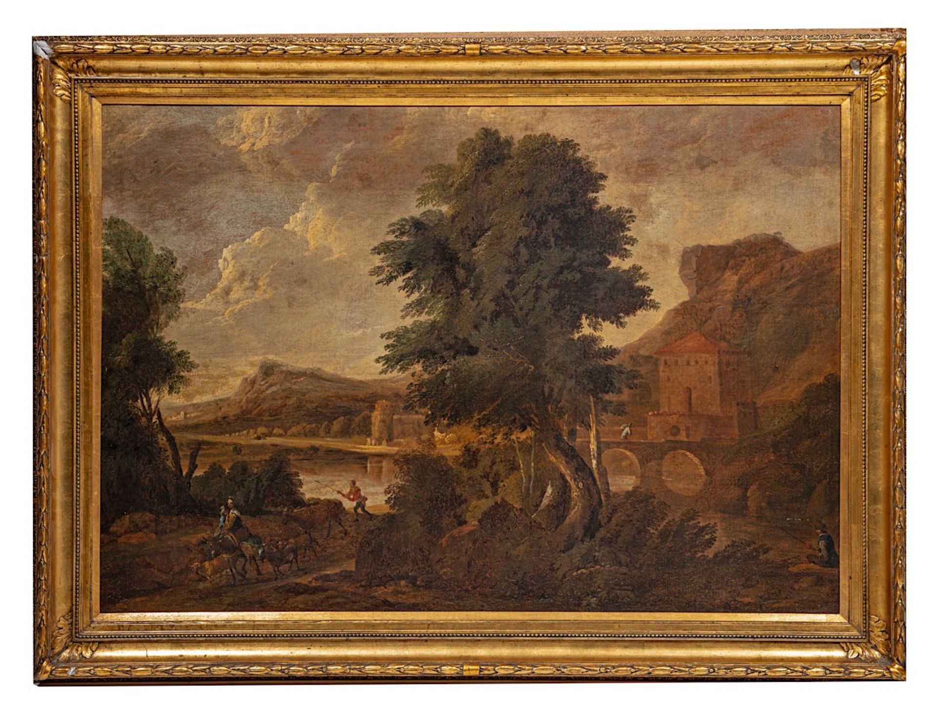 An Italianised pastoral landscape, 17thC Dutch School, oil on canvas 77 x 110 cm. (30.3 x 43.3 in.), - Bild 2 aus 6