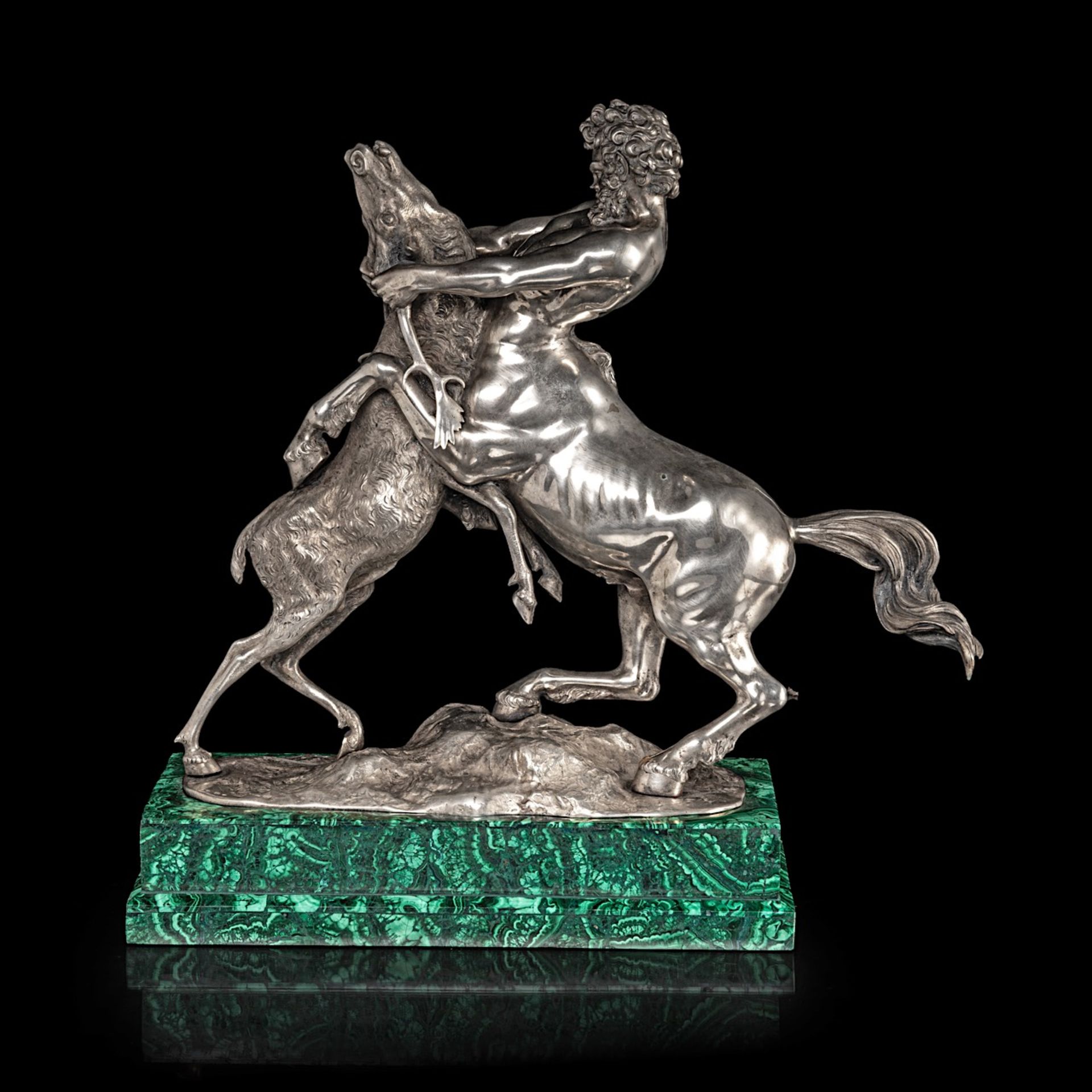 A silver figure of a centaur and deer fighting on a malachite veneered base, 800/000 35.5 x 36 x 13 - Bild 2 aus 11