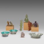 A collection of six Chinese mineral carvings and three porcelain footed bowls, Tongzhi mark and of t