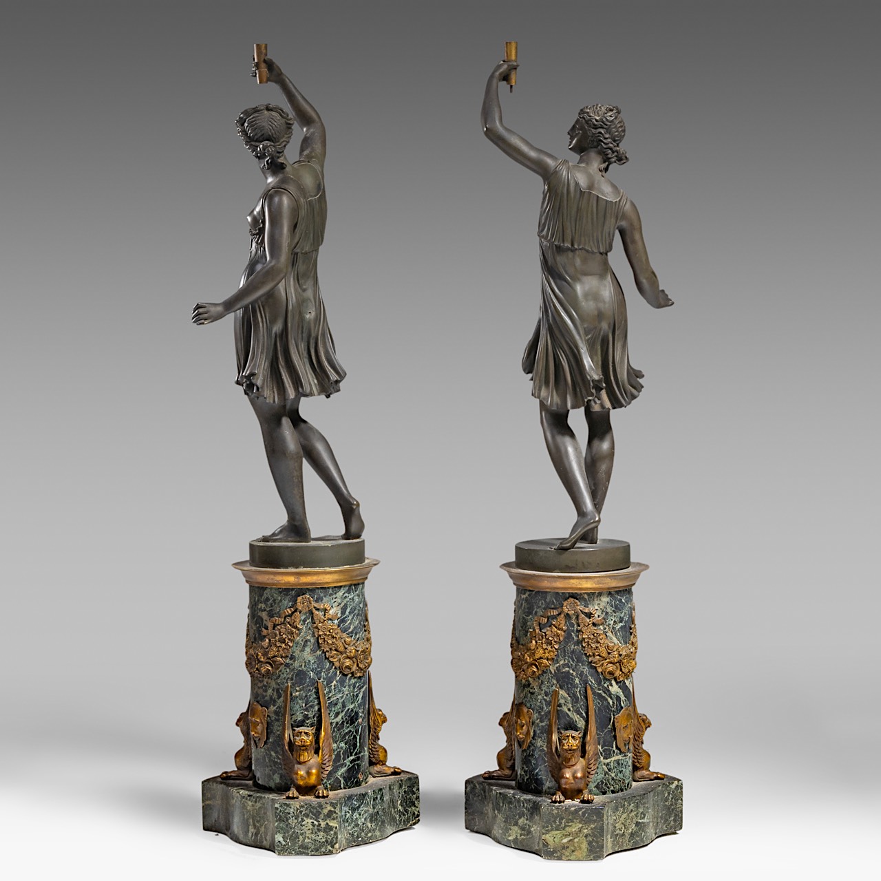 A pair of Empire style patinated bronze and vert de mer marble figural sculptures, H 86 cm - Image 3 of 6