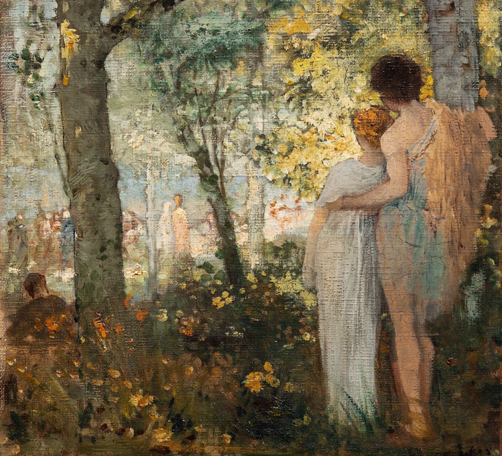 Emile Levy (1826-1890), Romance in the Forest, oil on canvas 27 x 27 cm. (10.6 x 10.6 in.), Frame: 4