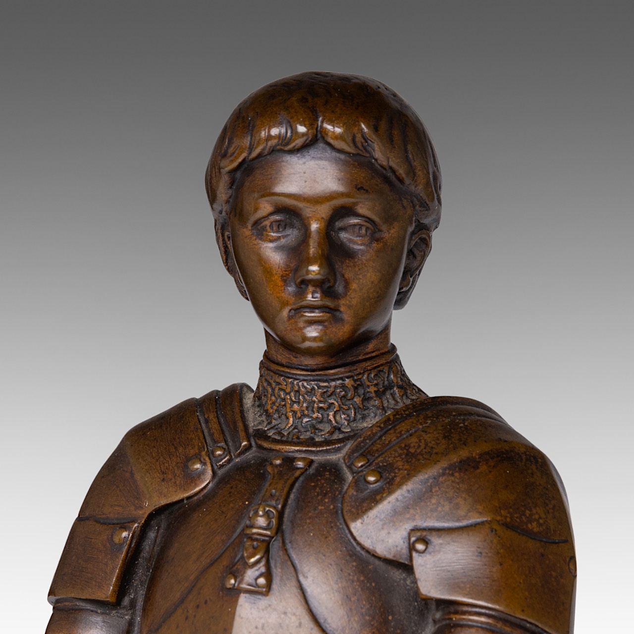 Louis Ernest Barrias (1841-1905), Jeanne d'Arc, patinated bronze, Susse Freres edition, H 31 cm - Image 8 of 11