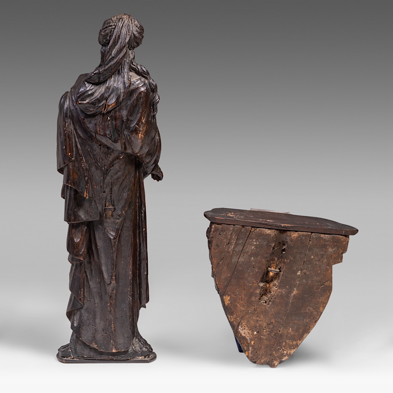 A carved wooden sculpture of Saint Barbara, on a matching console, H 139 cm (total) - Image 2 of 10