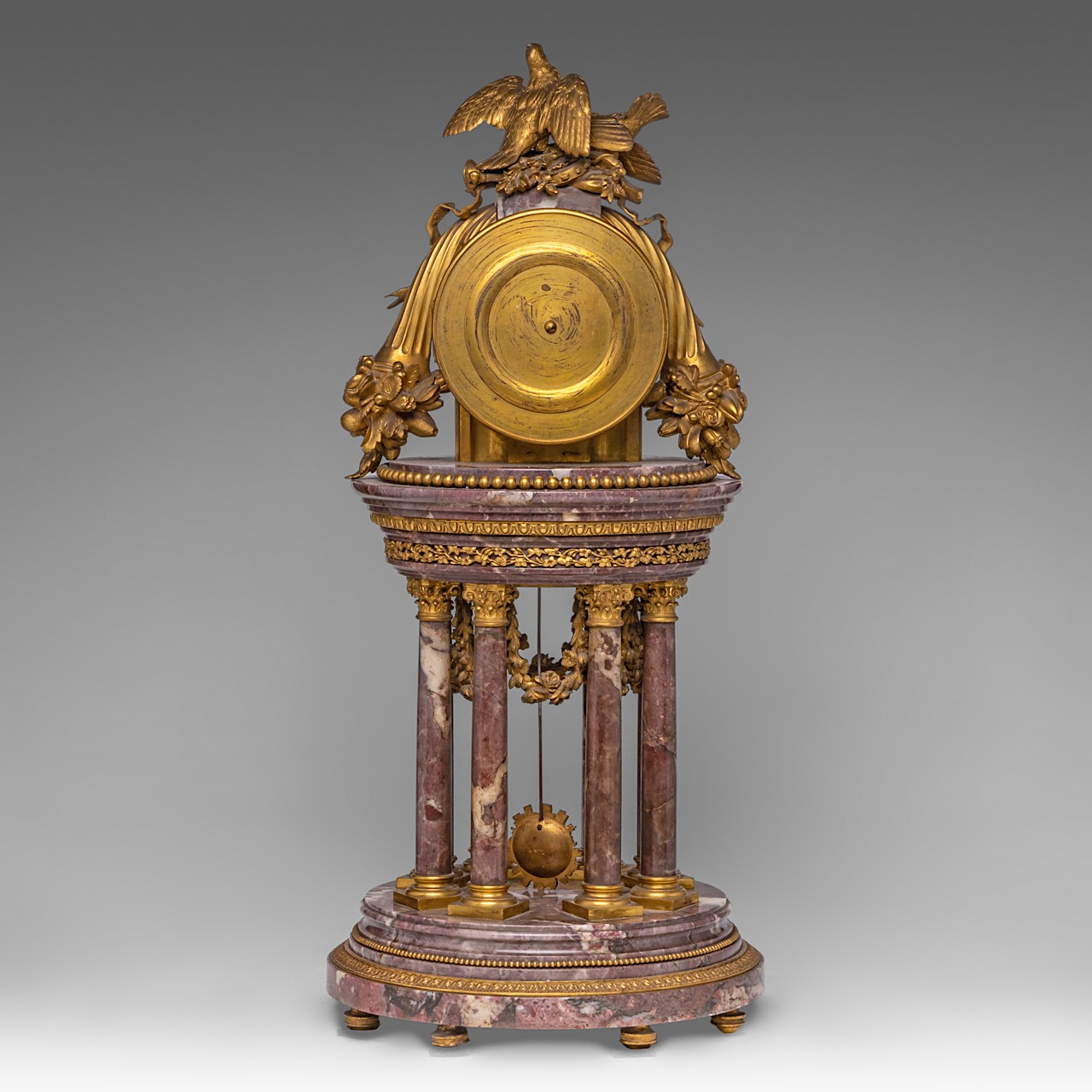 A Louis XVI style gilt bronze mounted marble portico clock, late 19thC, H 63 cm - Image 5 of 6