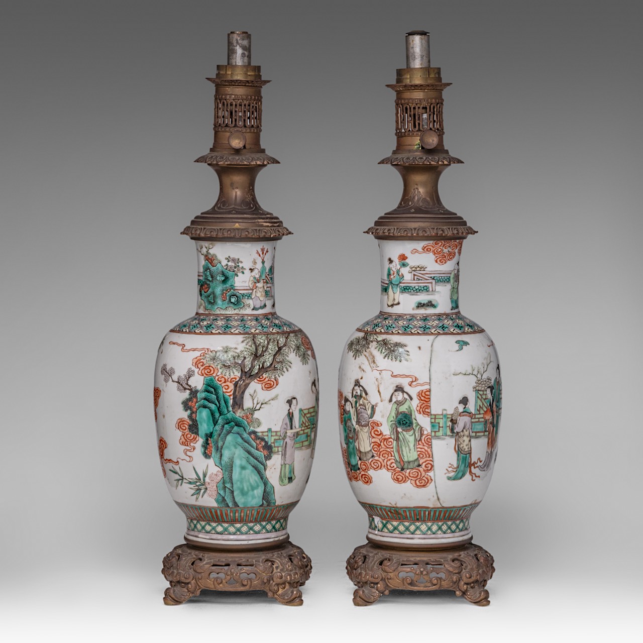 A pair of Chinese famille verte 'Immortals in a Garden' vases, fixed with lamp mounts, late 19thC, T - Image 4 of 5