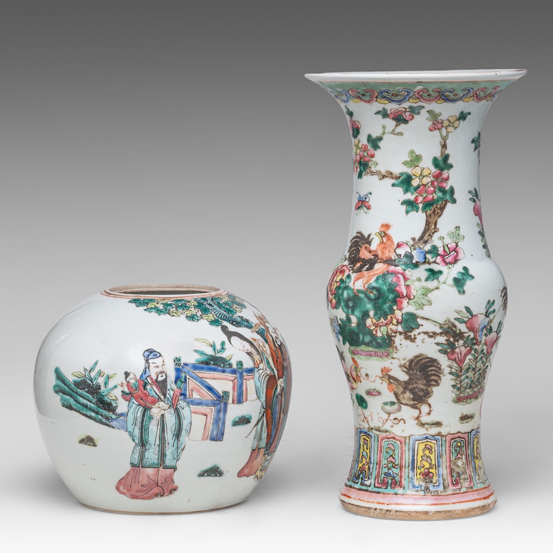 A Chinese famille rose 'Immortals' ginger jar, late 19thC, H 19 cm - and a famille rose 'Cockerels' - Image 4 of 6