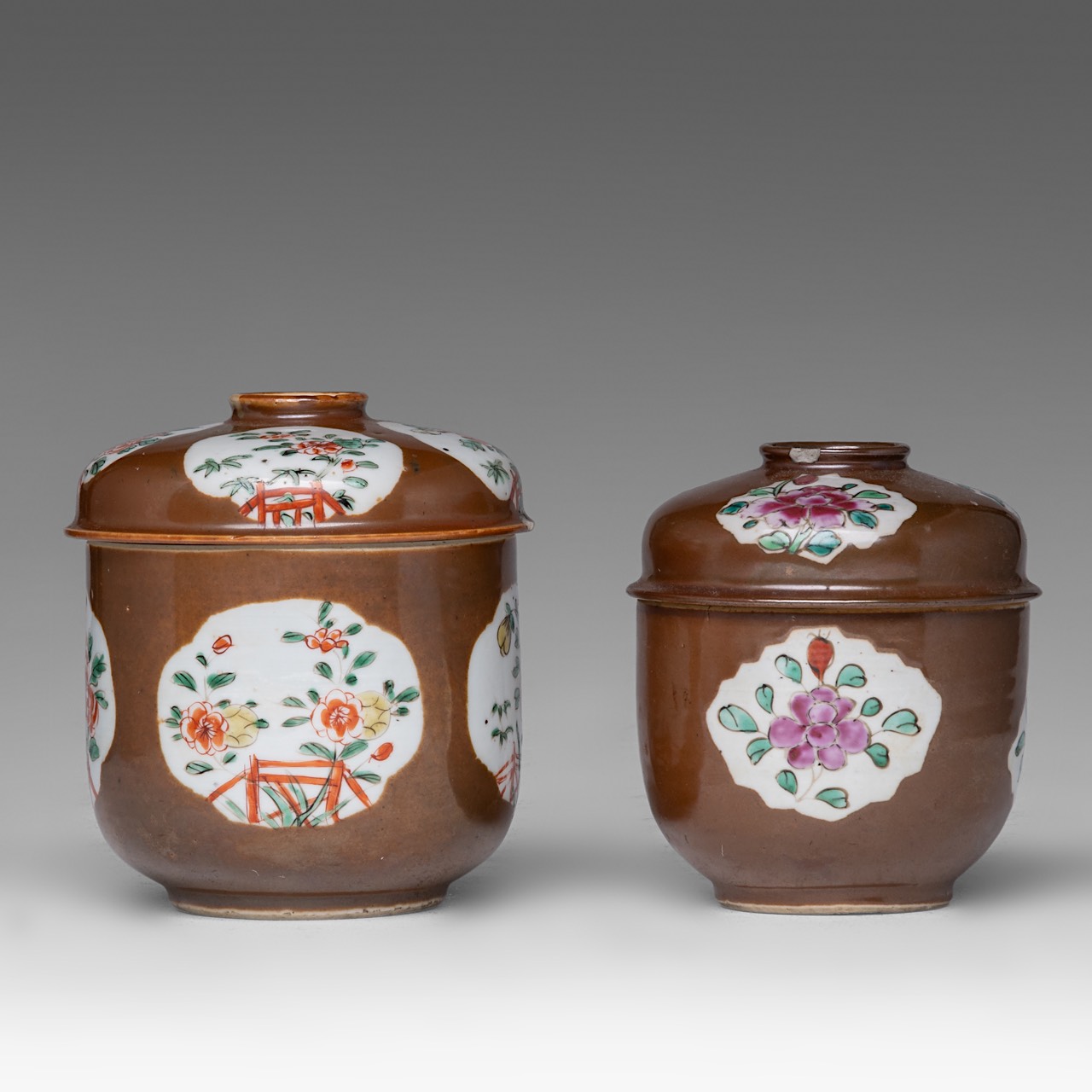 A series of five Chinese famille rose 'Peony' dishes, 18thC, dia 22 cm - added two cafe-au-lait and - Image 10 of 15