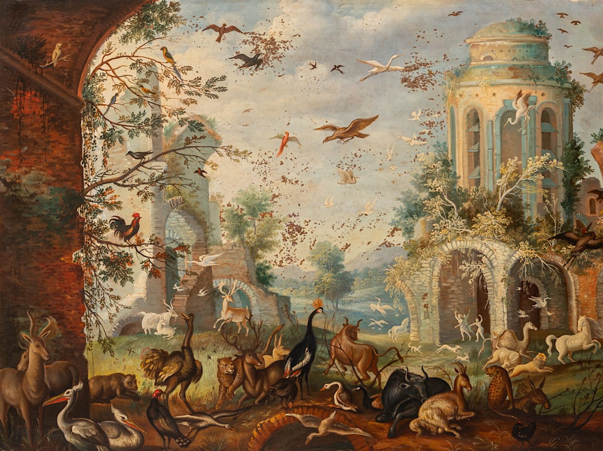 Attributed to Roelant Savery, 'Paradisical landscape with animals', oil on copper (+) 52 x 68 cm. (2