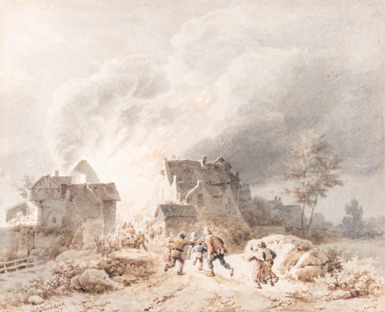 Barend Cornelis Koekoek (1803-1862), a rural village shocked by a fire, 1847, watercolour and pencil