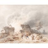 Barend Cornelis Koekoek (1803-1862), a rural village shocked by a fire, 1847, watercolour and pencil
