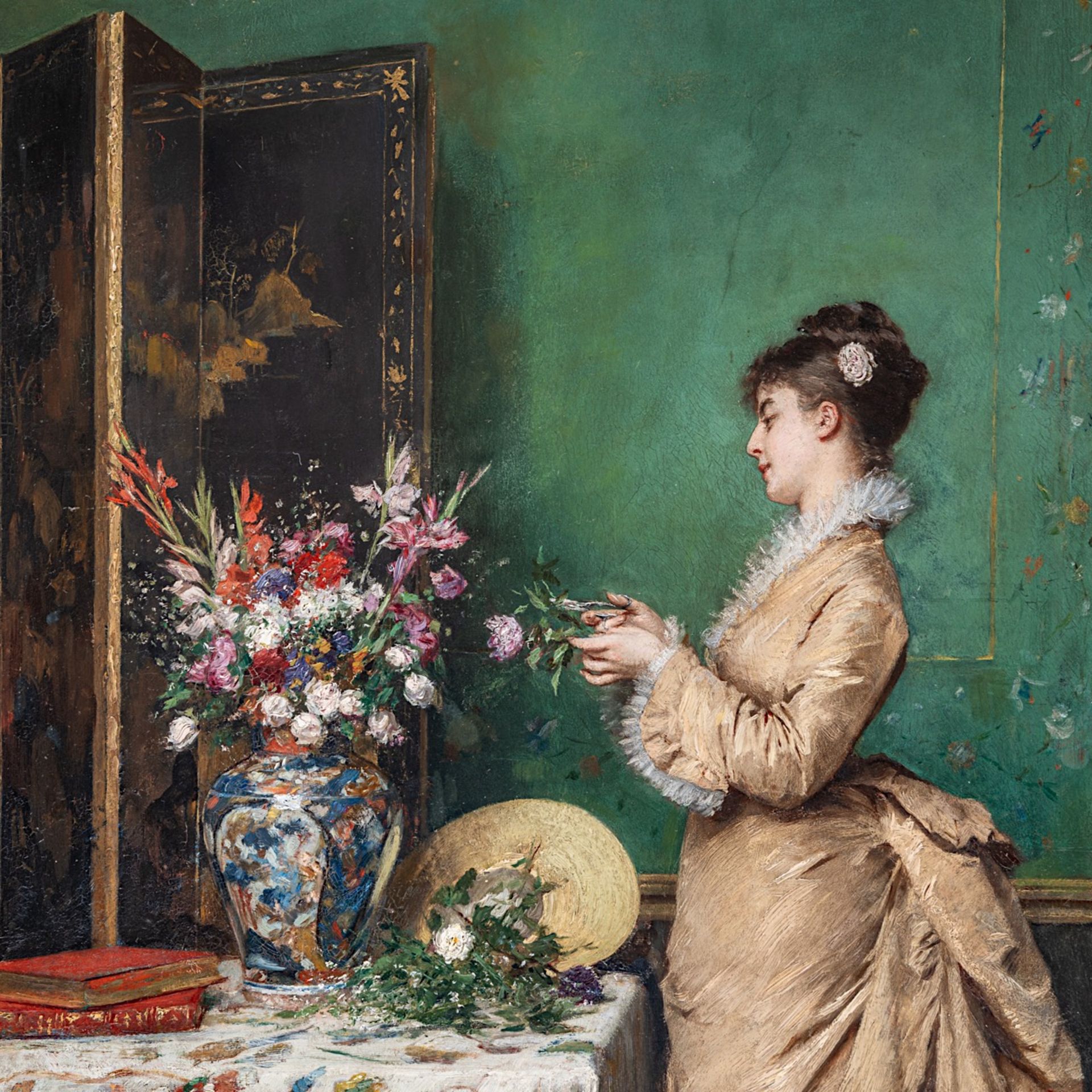 Gustave De Jonghe (1829-1893), an elegant lady in a luxurious interior, oil on mahogany, 73.5 x 50.5 - Bild 8 aus 8