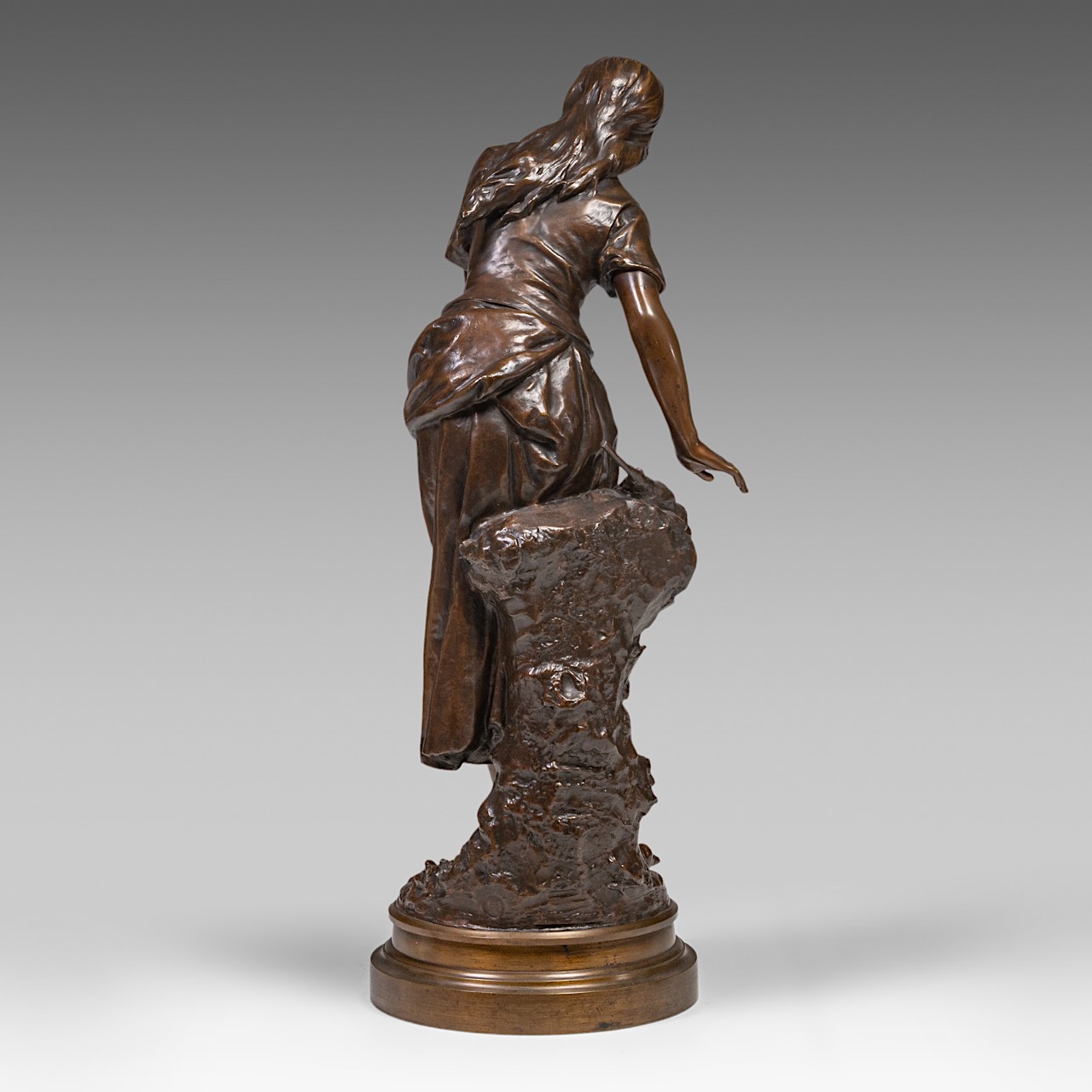 Mathurin Moreau (1822-1912), the spinner, patinated bronze, Hors Concours, H 89 cm - Image 4 of 8