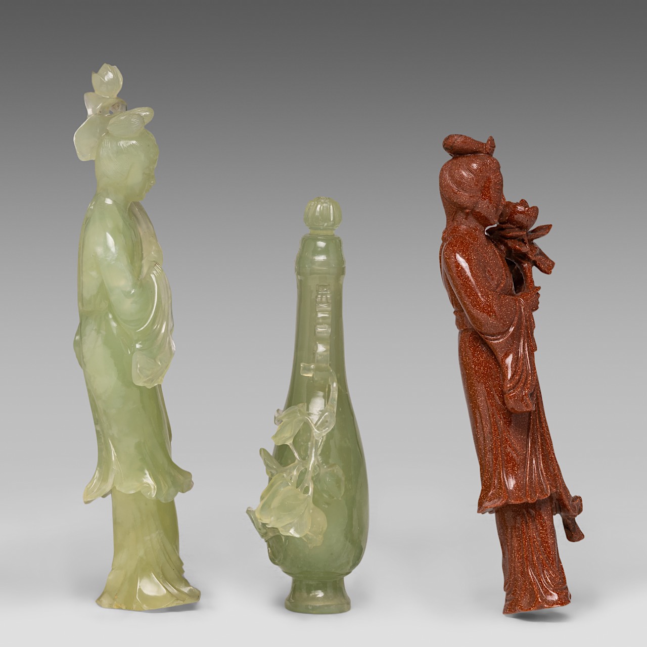 A collection of six Chinese mineral carvings and three porcelain footed bowls, Tongzhi mark and of t - Image 16 of 32