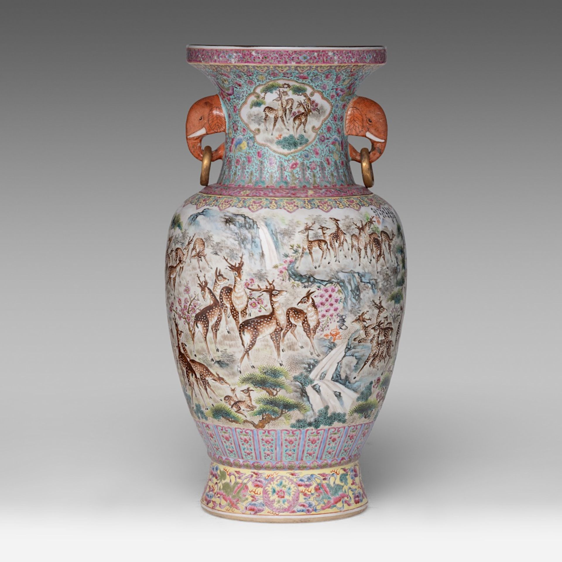 A Chinese famille rose 'One Hundred Deer' vase, paired with elephant-head handles, with a signed tex - Bild 3 aus 11