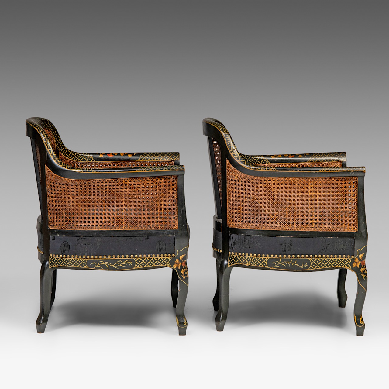Two sets of handpainted Japonisme armchairs, with wicker panels, signed, H total 84 cm - H seat 36 c - Image 10 of 12