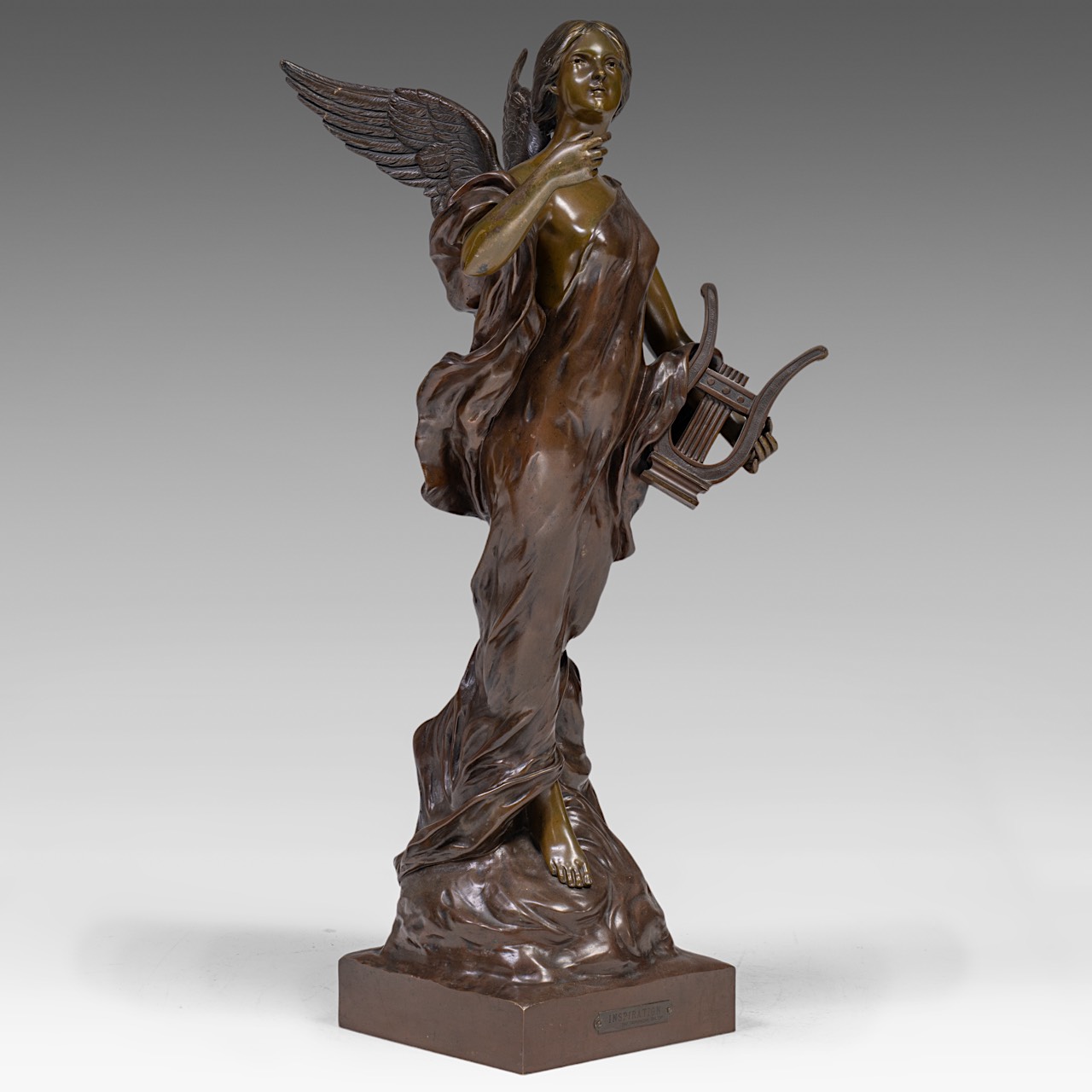 Pierre Etienne Daniel Campagne (1851-1914), 'L'inspiration', patinated bronze, H 85 cm - Image 8 of 26