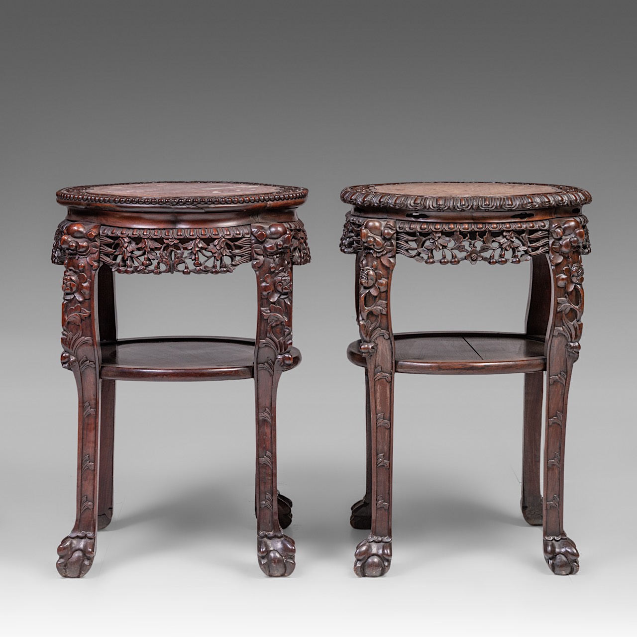 A small collection of four South Chinese carved hardwood bases, all with a marble top, late Qing, ta - Image 6 of 17