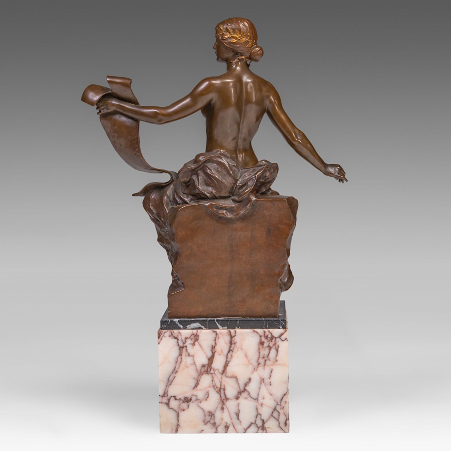 Georges Bareau (1866-1931), 'Allegory of History', patined and gilt bronze, casted by Barbedienne, H - Image 5 of 11