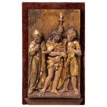 A polychrome and gilt limewood retable fragment depicting 'Ecce Home', H 43 - W 25 cm