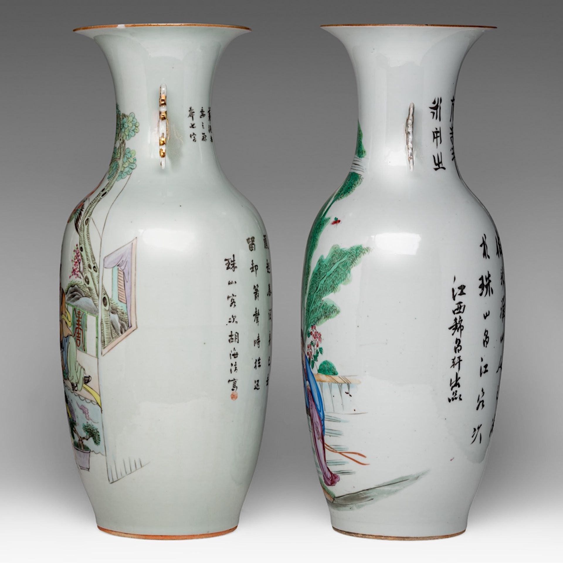 A Chinese Qianjiangcai and a famille rose vase, both with a signed text, Republic period, H 58 cm - Bild 2 aus 6