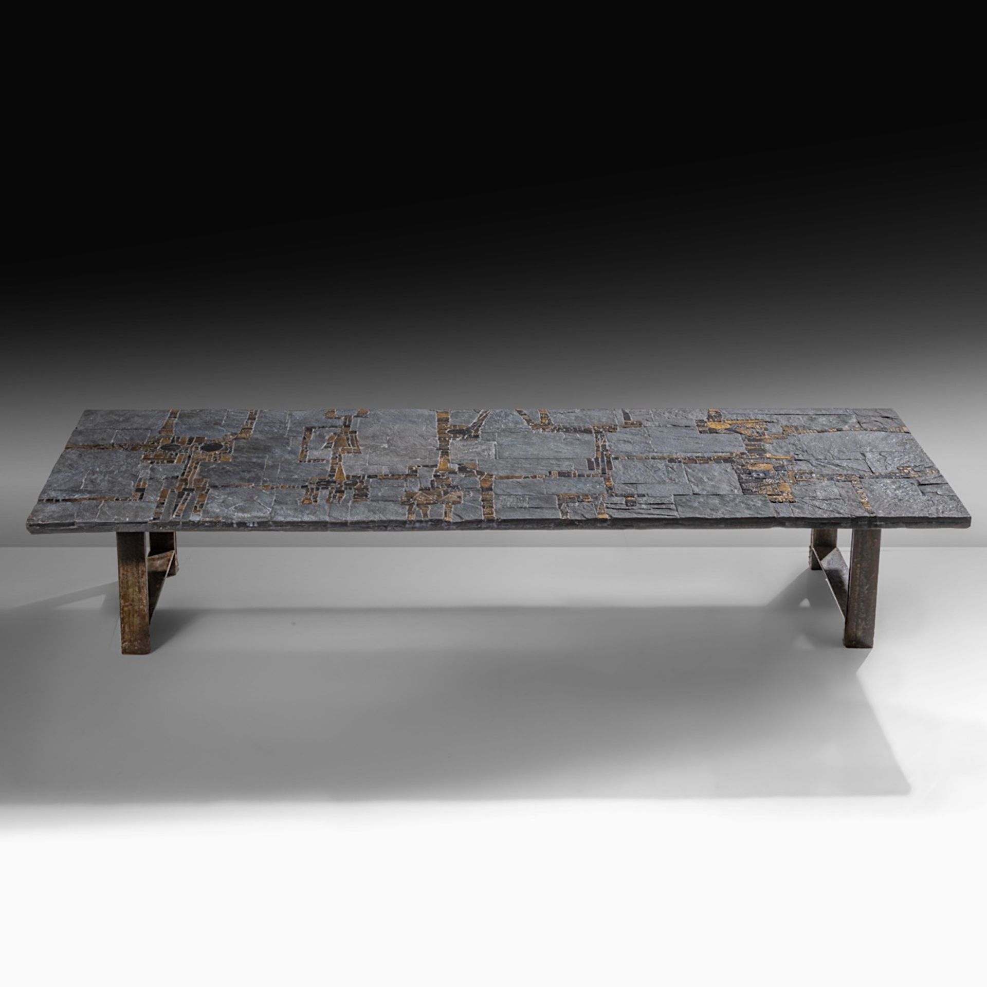 A vintage '60s Pia Manu coffee table, slate stone and gilt-glazed ceramic table top on a steel frame - Bild 3 aus 16