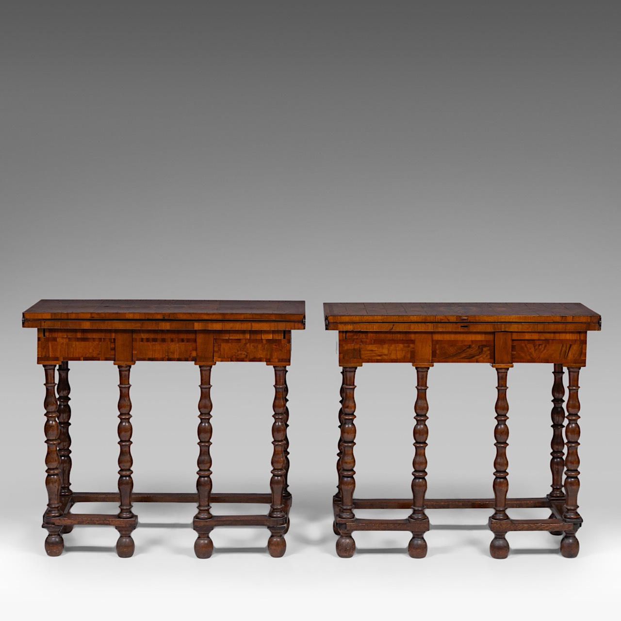 A pair of burlwood veneered walnut card tables, Dutch, 18thC, each H 78 cm - W 85 cm - D 33,5 cm (cl - Image 4 of 8