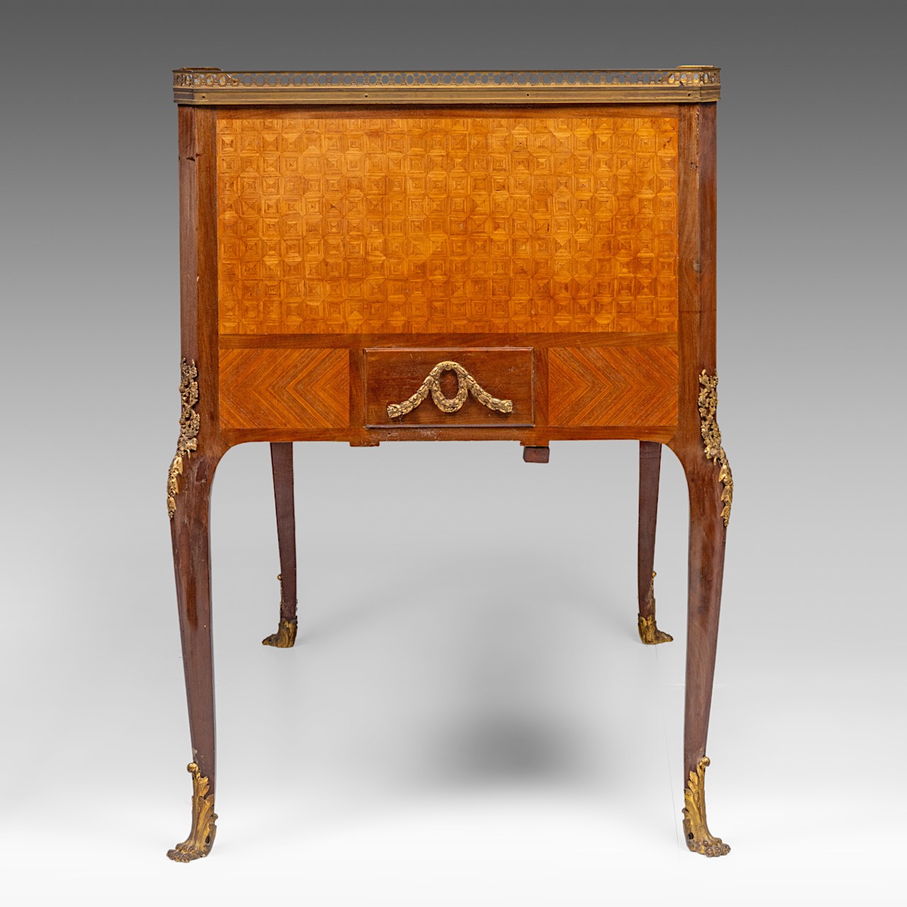 A leather-topped Transitional-style bureau plat and rolltop desk with parquetry and gilt bronze moun - Image 6 of 9